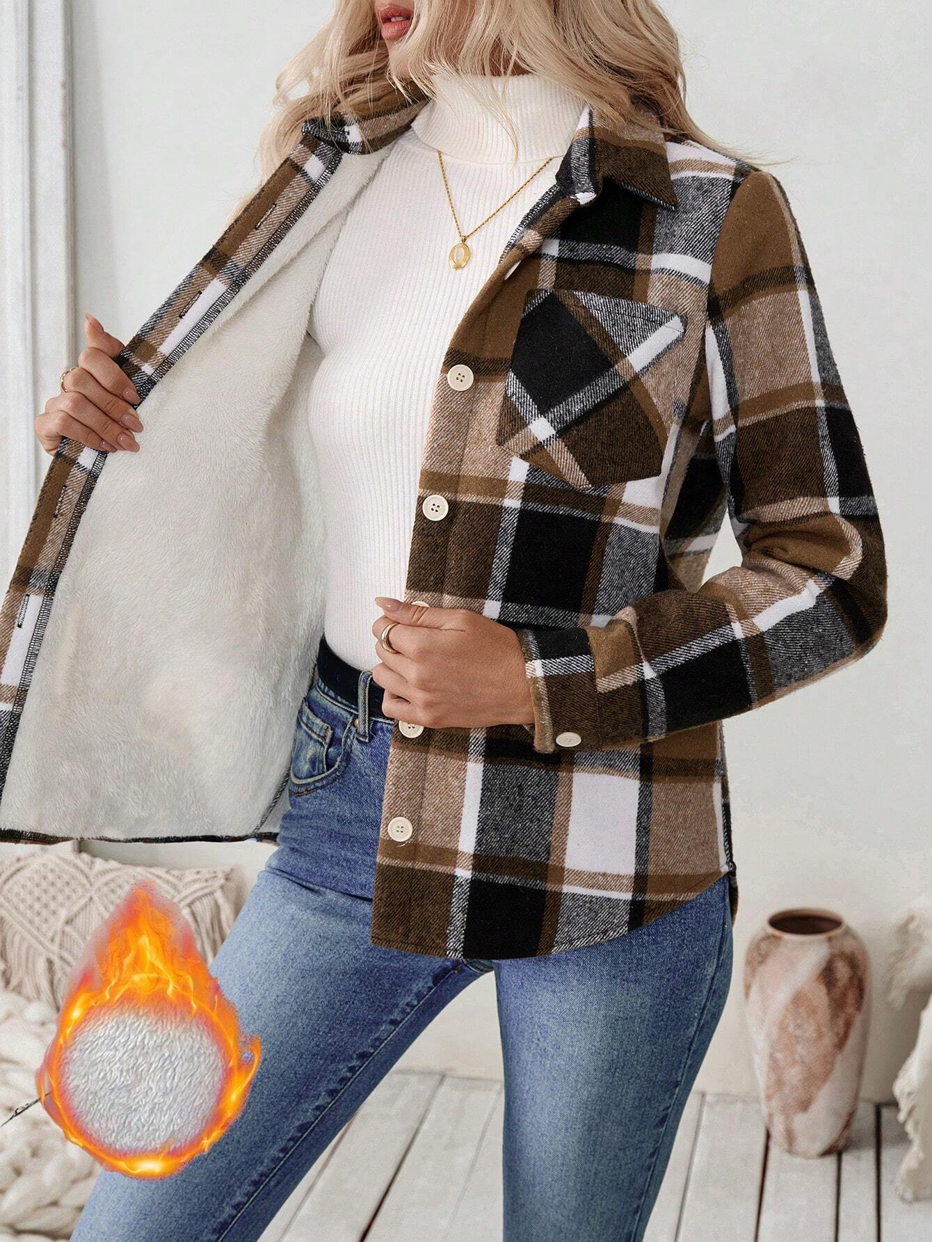Flannel Shirt Lined - Женская флисовая рубашка-куртка в клетку, свободного